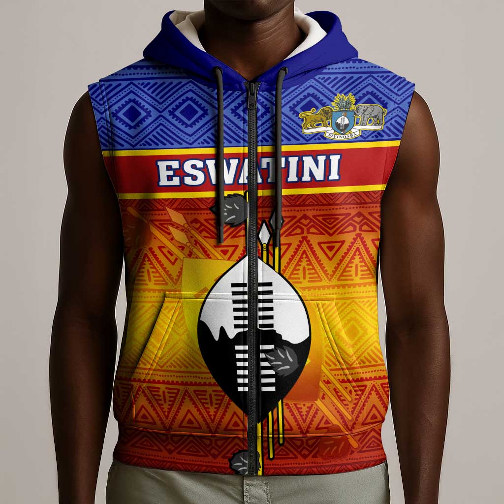 Personalised Eswatini Independence Day Sleeveless Zip Hoodie Swaziland Nguni Shield Gradient African Pattern - African Pride