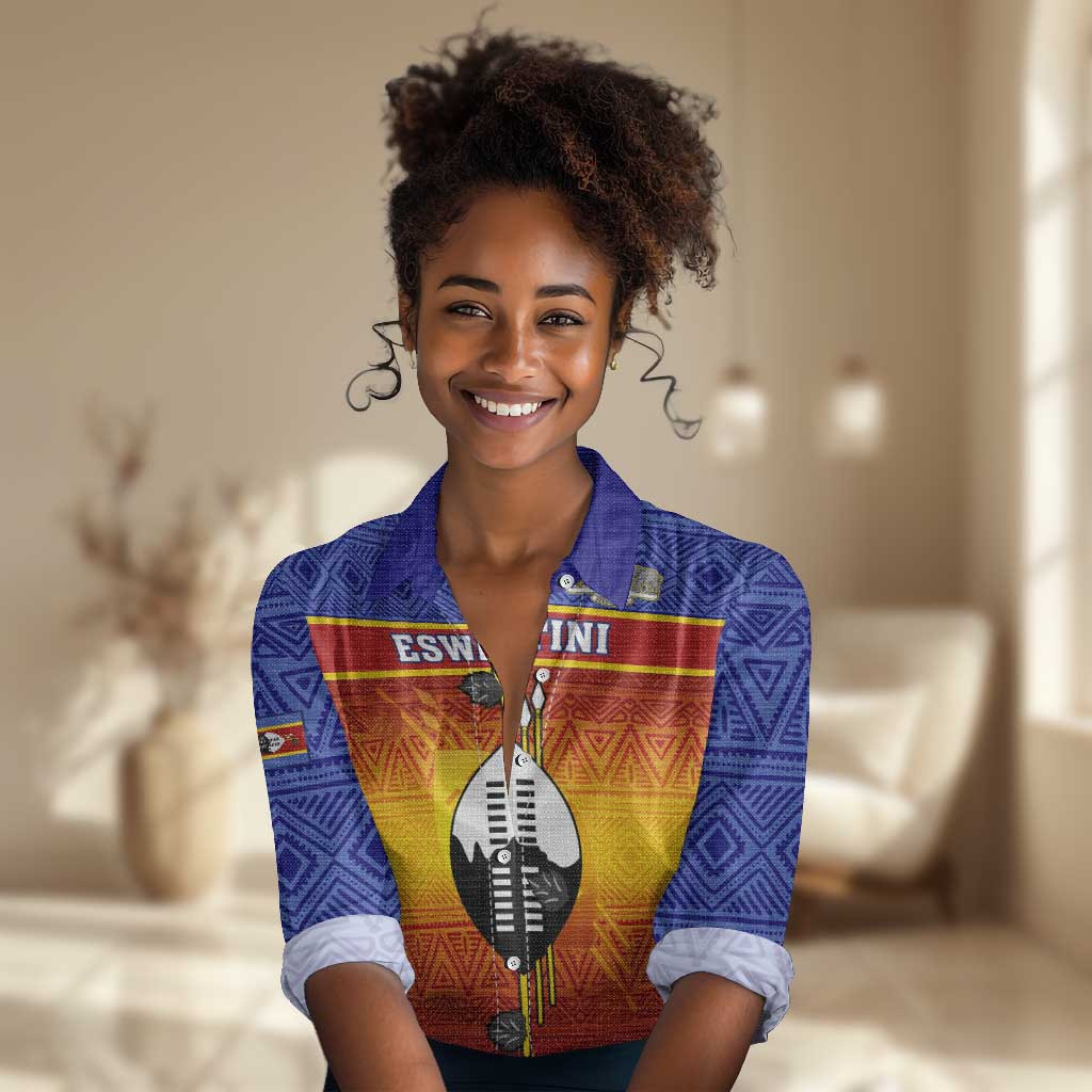 Personalised Eswatini Independence Day Women Casual Shirt Swaziland Nguni Shield Gradient African Pattern