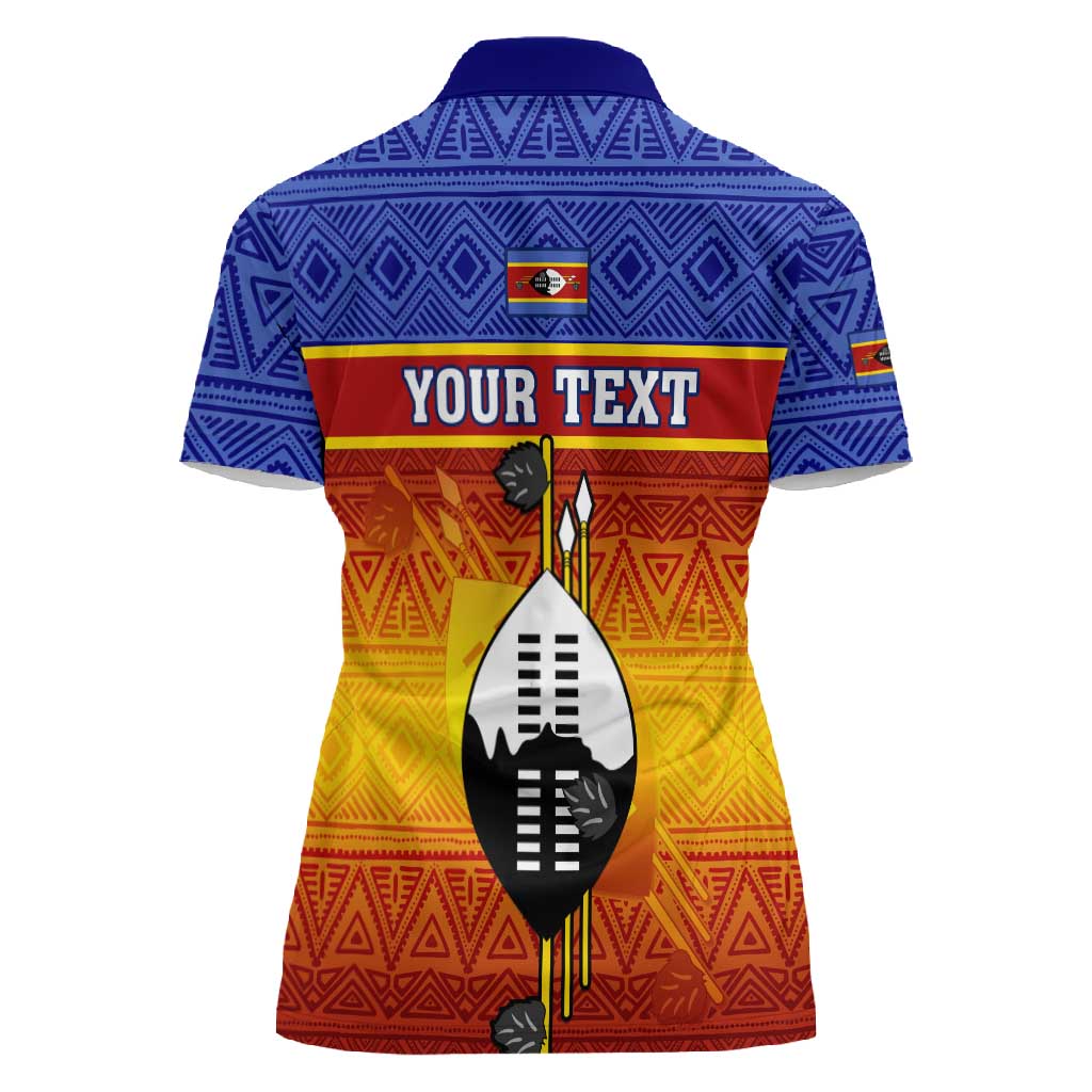 Personalised Eswatini Independence Day Women Polo Shirt Swaziland Nguni Shield Gradient African Pattern