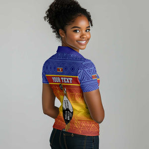 Personalised Eswatini Independence Day Women Polo Shirt Swaziland Nguni Shield Gradient African Pattern