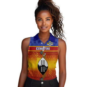 Personalised Eswatini Independence Day Women Sleeveless Polo Shirt Swaziland Nguni Shield Gradient African Pattern