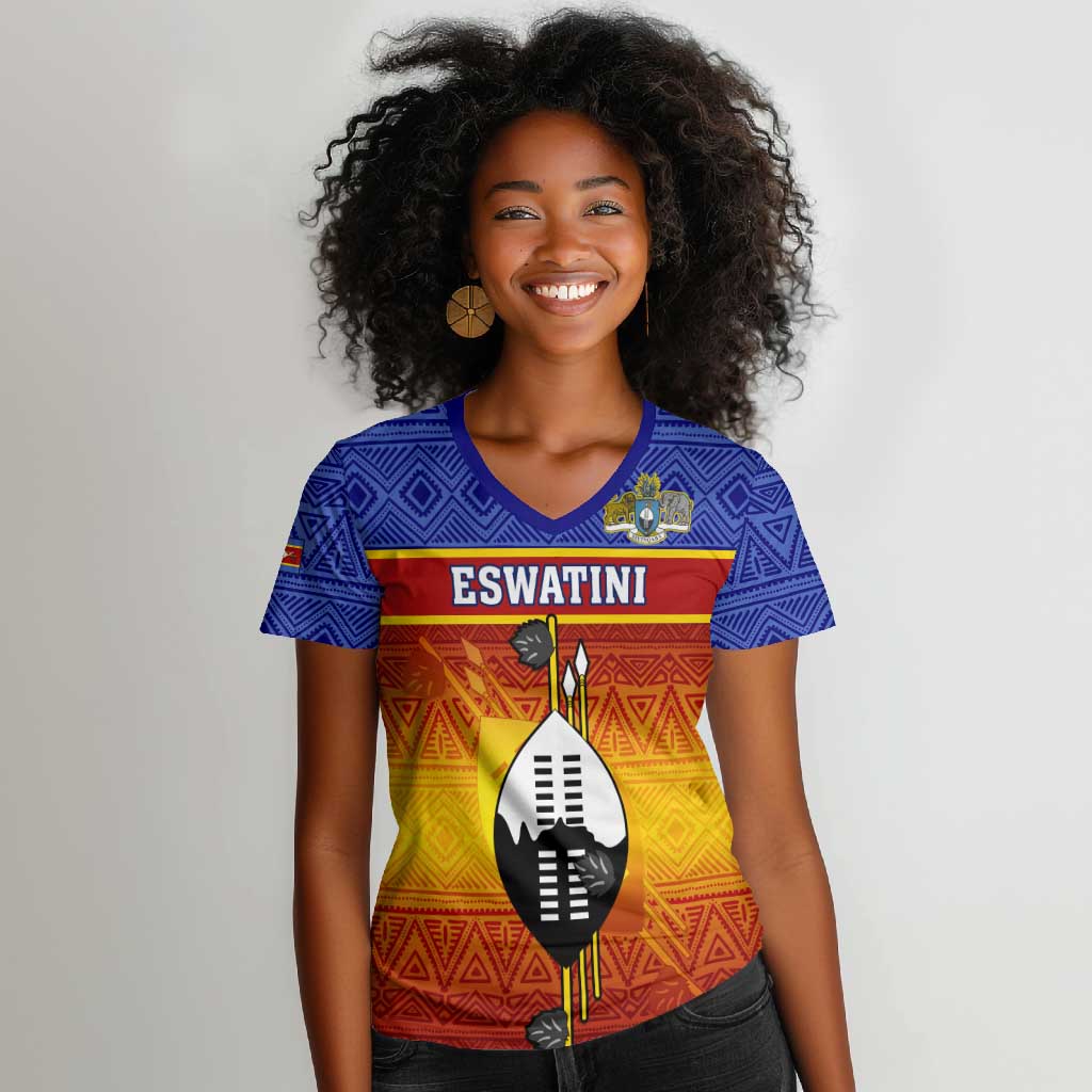 Personalised Eswatini Independence Day Women V-Neck T-Shirt Swaziland Nguni Shield Gradient African Pattern