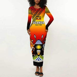 Personalised Uganda Independence Day Long Sleeve Bodycon Dress Jamhuri ya Uganda Coat Of Arms