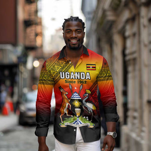 Personalised Uganda Independence Day Long Sleeve Button Shirt Jamhuri ya Uganda Coat Of Arms