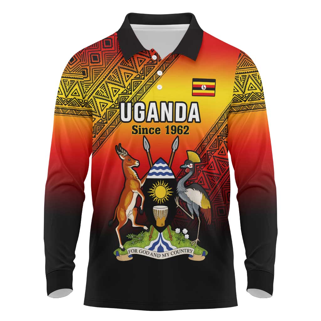 Personalised Uganda Independence Day Long Sleeve Polo Shirt Jamhuri ya Uganda Coat Of Arms