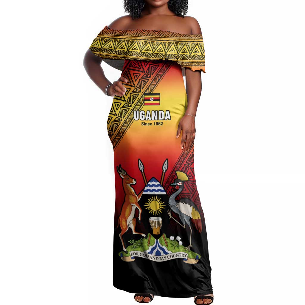 Personalised Uganda Independence Day Off Shoulder Maxi Dress Jamhuri ya Uganda Coat Of Arms