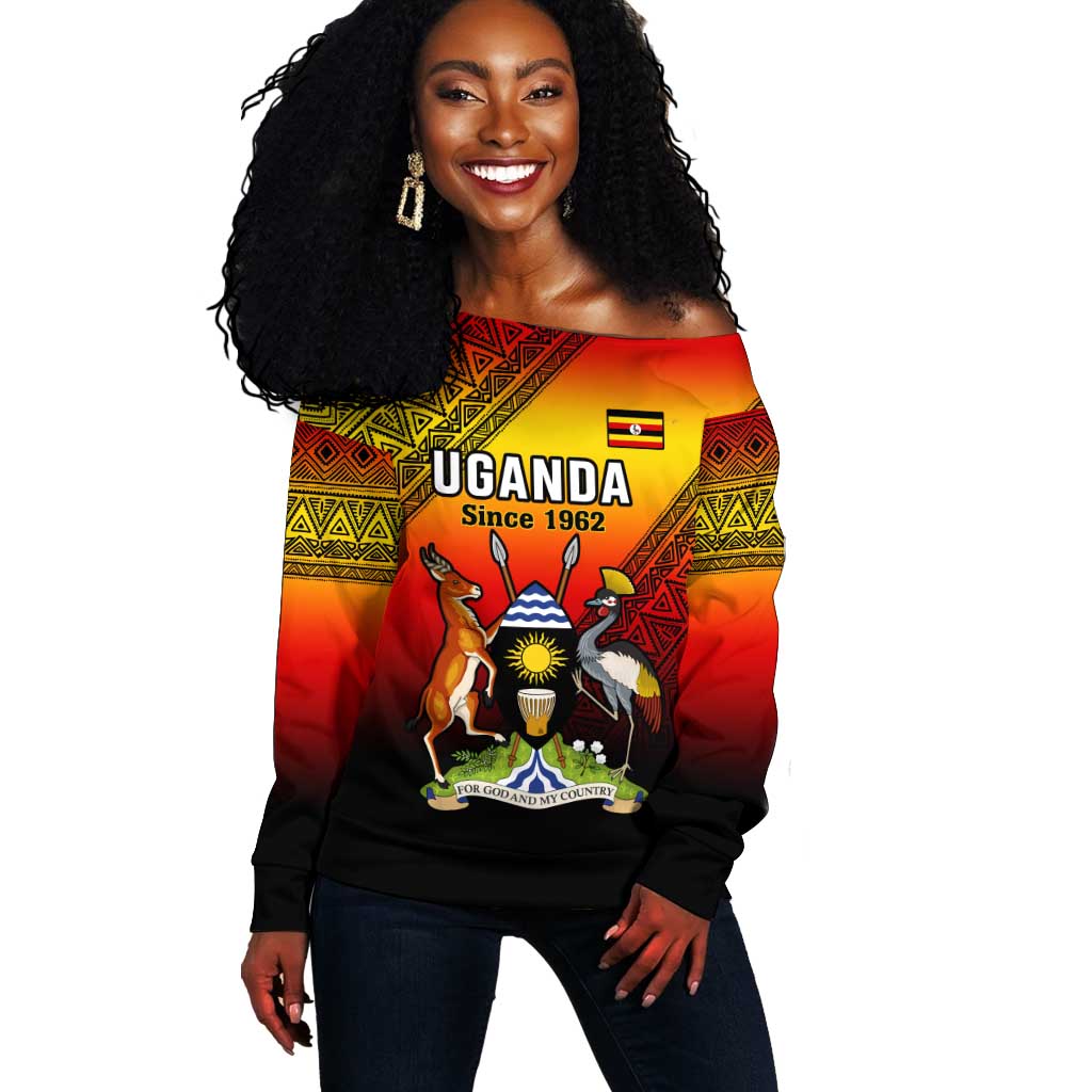 Personalised Uganda Independence Day Off Shoulder Sweater Jamhuri ya Uganda Coat Of Arms