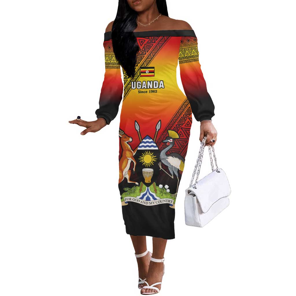 Personalised Uganda Independence Day Off The Shoulder Long Sleeve Dress Jamhuri ya Uganda Coat Of Arms