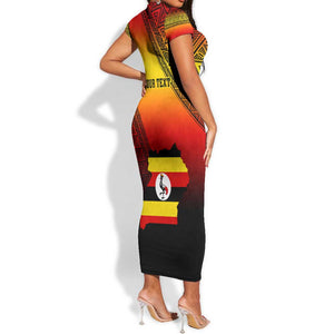 Personalised Uganda Independence Day Short Sleeve Bodycon Dress Jamhuri ya Uganda Coat Of Arms