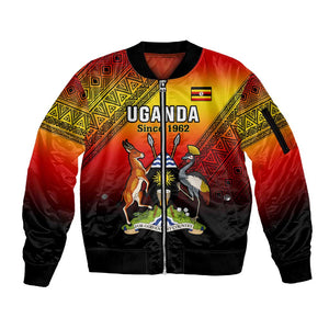 Personalised Uganda Independence Day Sleeve Zip Bomber Jacket Jamhuri ya Uganda Coat Of Arms