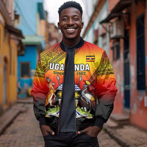 Personalised Uganda Independence Day Sleeve Zip Bomber Jacket Jamhuri ya Uganda Coat Of Arms