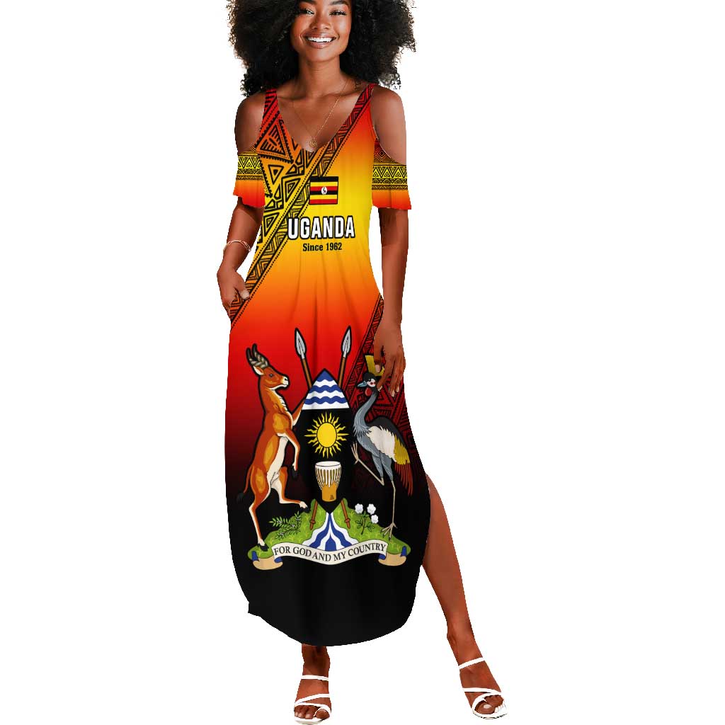 Personalised Uganda Independence Day Summer Maxi Dress Jamhuri ya Uganda Coat Of Arms