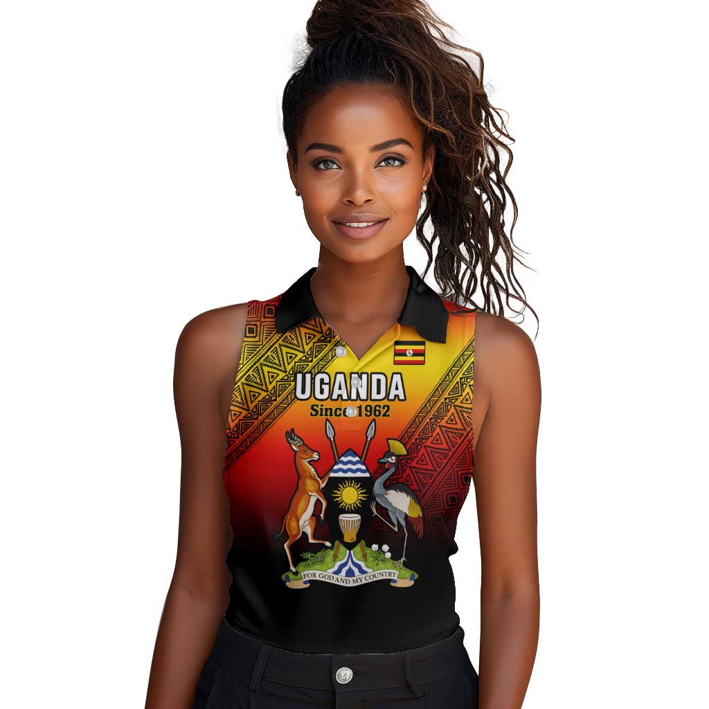 Personalised Uganda Independence Day Women Sleeveless Polo Shirt Jamhuri ya Uganda Coat Of Arms