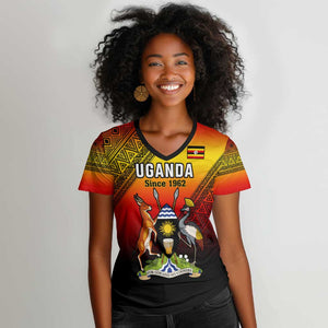 Personalised Uganda Independence Day Women V-Neck T-Shirt Jamhuri ya Uganda Coat Of Arms