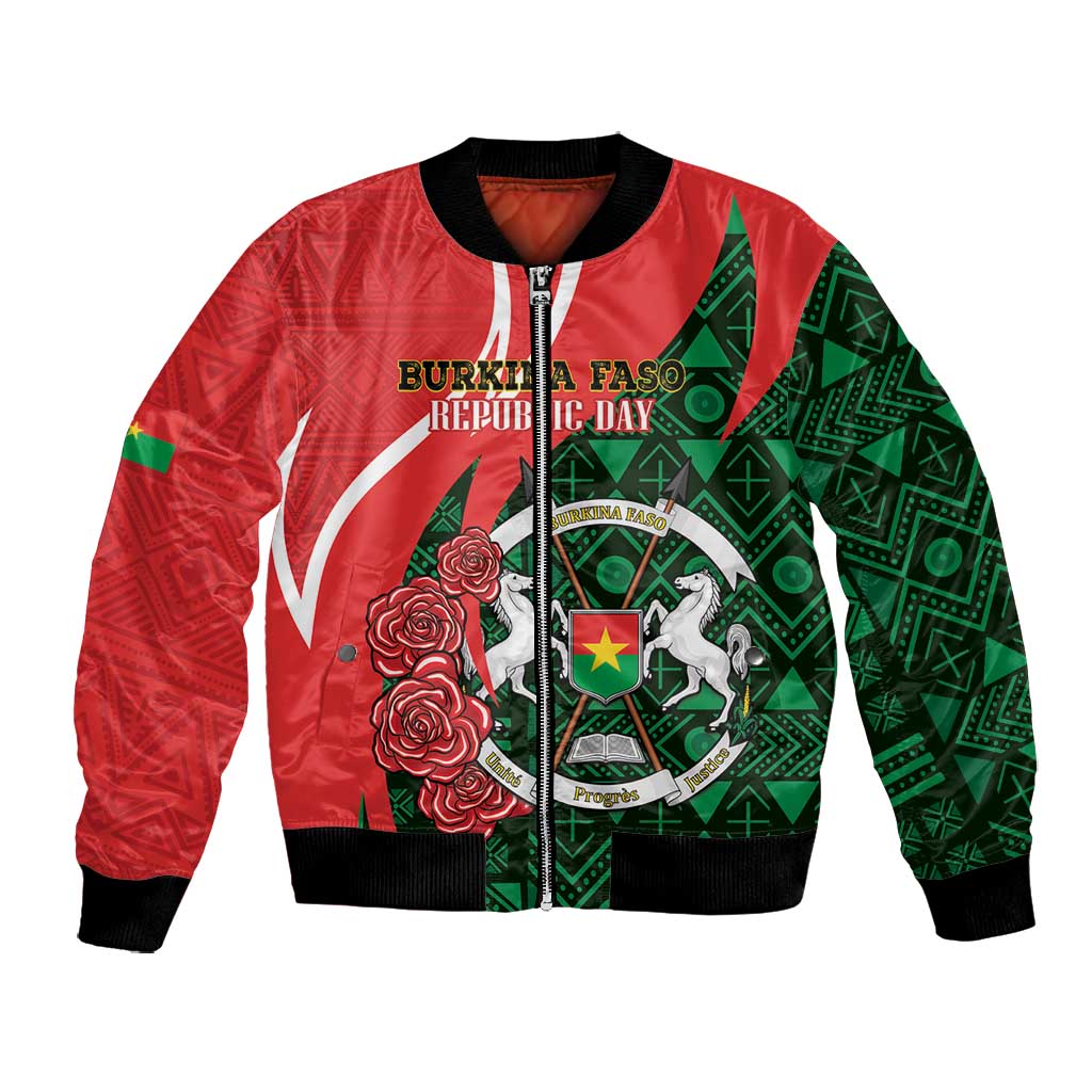 Personalized Burkina Faso Republic Day Bomber Jacket Bogolan Mudcloth - Coat Of Arms Design