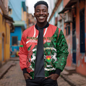 Personalized Burkina Faso Republic Day Bomber Jacket Bogolan Mudcloth - Coat Of Arms Design