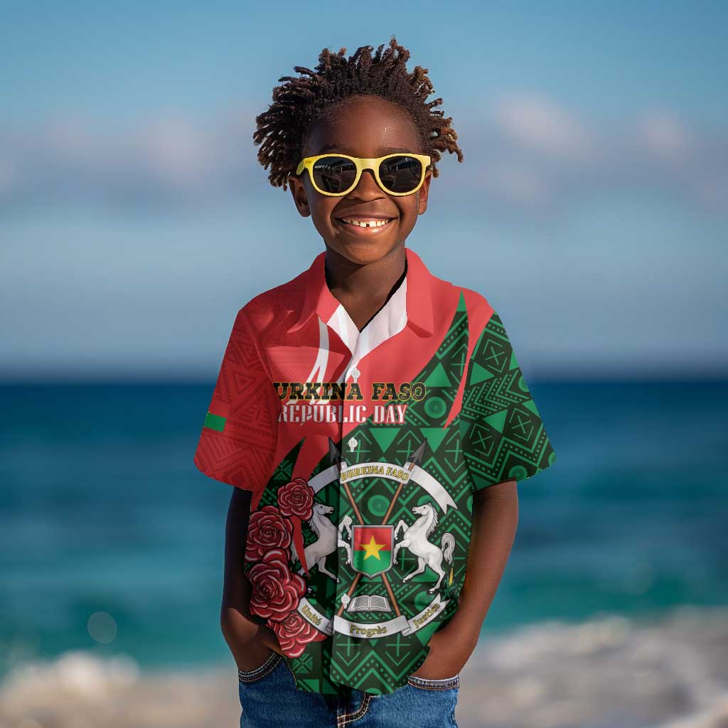 Personalized Burkina Faso Republic Day Kid Hawaiian Shirt Bogolan Mudcloth - Coat Of Arms Design