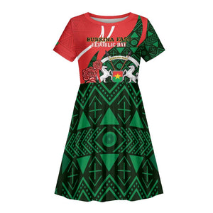 Personalized Burkina Faso Republic Day Kid Short Sleeve Dress Bogolan Mudcloth - Coat Of Arms Design