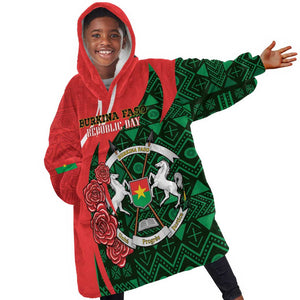 Personalized Burkina Faso Republic Day Kid Wearable Blanket Hoodie Bogolan Mudcloth - Coat Of Arms Design