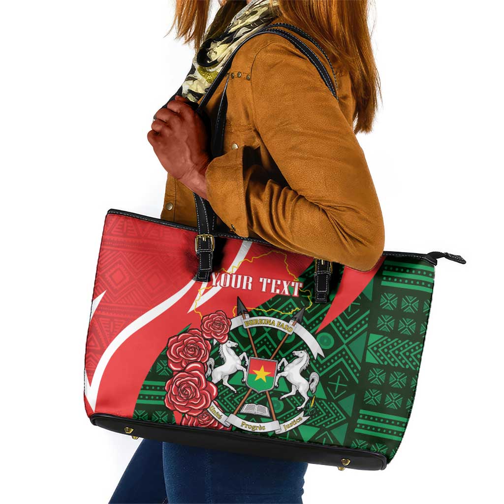 Personalized Burkina Faso Republic Day Leather Tote Bag Bogolan Mudcloth - Coat Of Arms Design