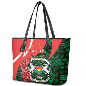 Personalized Burkina Faso Republic Day Leather Tote Bag Bogolan Mudcloth - Coat Of Arms Design