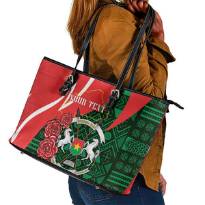 Personalized Burkina Faso Republic Day Leather Tote Bag Bogolan Mudcloth - Coat Of Arms Design