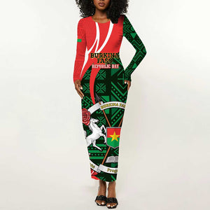 Personalized Burkina Faso Republic Day Long Sleeve Bodycon Dress Bogolan Mudcloth - Coat Of Arms Design