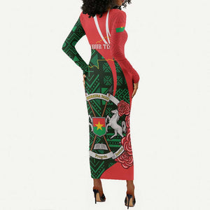 Personalized Burkina Faso Republic Day Long Sleeve Bodycon Dress Bogolan Mudcloth - Coat Of Arms Design