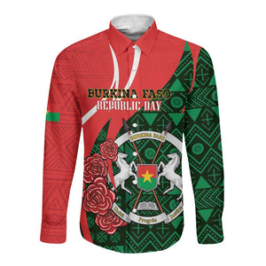 Personalized Burkina Faso Republic Day Long Sleeve Button Shirt Bogolan Mudcloth - Coat Of Arms Design