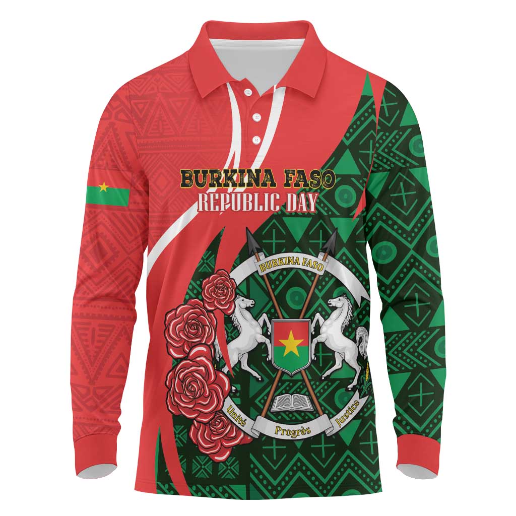 Personalized Burkina Faso Republic Day Long Sleeve Polo Shirt Bogolan Mudcloth - Coat Of Arms Design