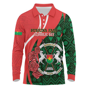 Personalized Burkina Faso Republic Day Long Sleeve Polo Shirt Bogolan Mudcloth - Coat Of Arms Design