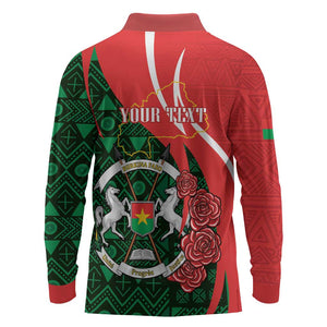 Personalized Burkina Faso Republic Day Long Sleeve Polo Shirt Bogolan Mudcloth - Coat Of Arms Design