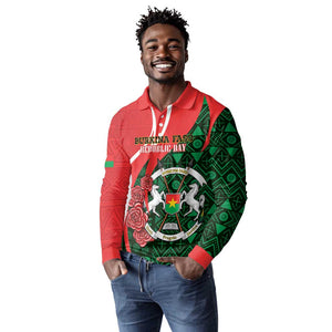 Personalized Burkina Faso Republic Day Long Sleeve Polo Shirt Bogolan Mudcloth - Coat Of Arms Design