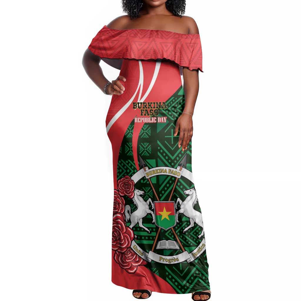 Personalized Burkina Faso Republic Day Off Shoulder Maxi Dress Bogolan Mudcloth - Coat Of Arms Design