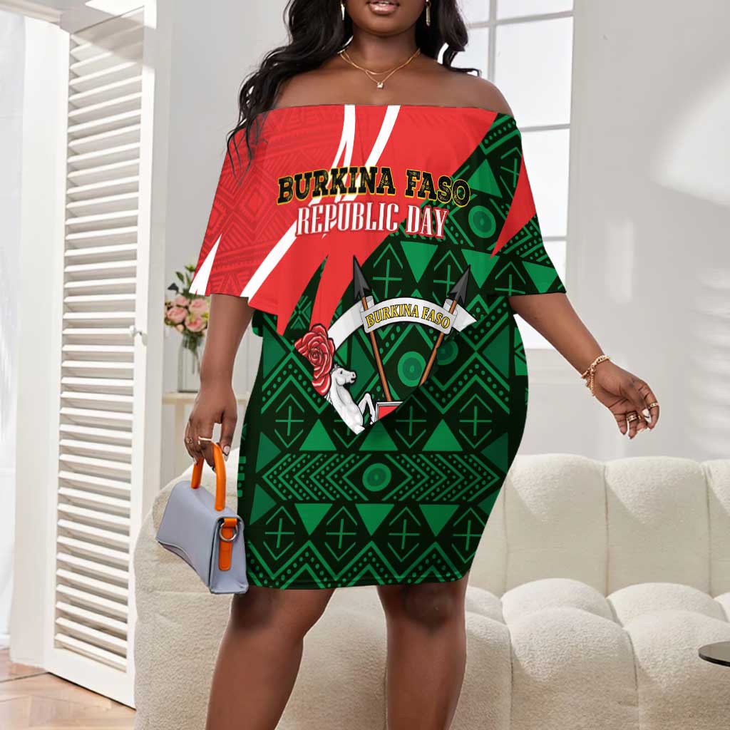 Personalized Burkina Faso Republic Day Off Shoulder Short Dress Bogolan Mudcloth - Coat Of Arms Design