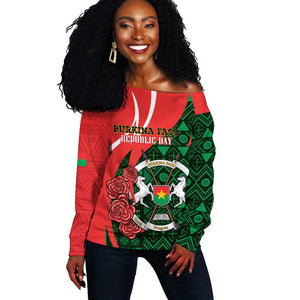 Personalized Burkina Faso Republic Day Off Shoulder Sweater Bogolan Mudcloth - Coat Of Arms Design