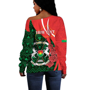 Personalized Burkina Faso Republic Day Off Shoulder Sweater Bogolan Mudcloth - Coat Of Arms Design