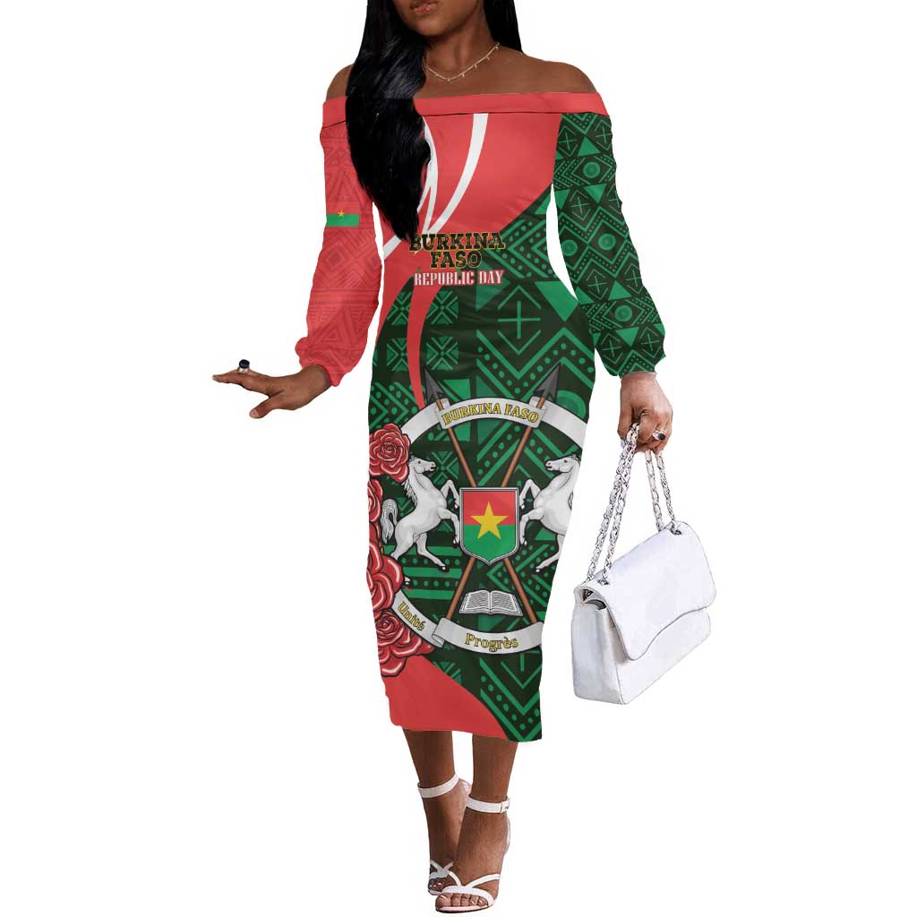 Personalized Burkina Faso Republic Day Off The Shoulder Long Sleeve Dress Bogolan Mudcloth - Coat Of Arms Design