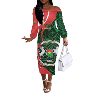 Personalized Burkina Faso Republic Day Off The Shoulder Long Sleeve Dress Bogolan Mudcloth - Coat Of Arms Design