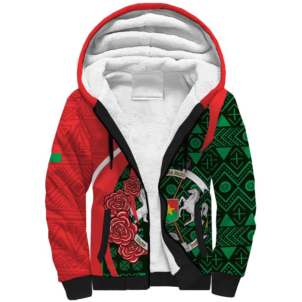 Personalized Burkina Faso Republic Day Sherpa Hoodie Bogolan Mudcloth - Coat Of Arms Design