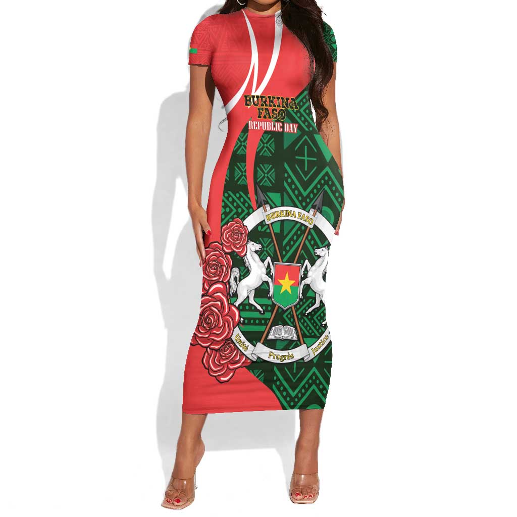 Personalized Burkina Faso Republic Day Short Sleeve Bodycon Dress Bogolan Mudcloth - Coat Of Arms Design