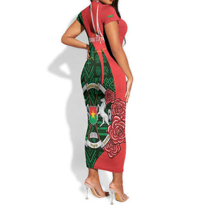 Personalized Burkina Faso Republic Day Short Sleeve Bodycon Dress Bogolan Mudcloth - Coat Of Arms Design