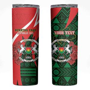 Personalized Burkina Faso Republic Day Skinny Tumbler Bogolan Mudcloth - Coat Of Arms Design