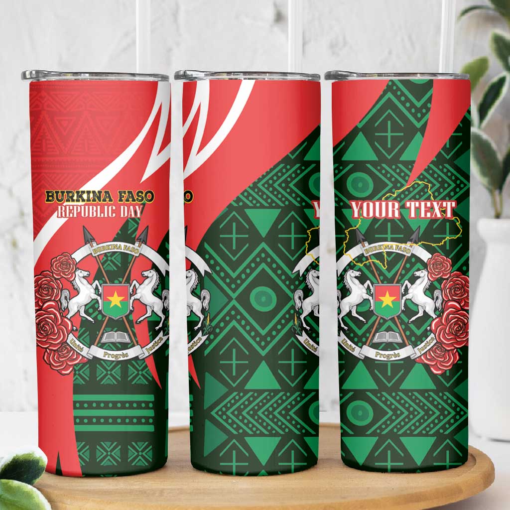 Personalized Burkina Faso Republic Day Skinny Tumbler Bogolan Mudcloth - Coat Of Arms Design