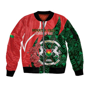 Personalized Burkina Faso Republic Day Sleeve Zip Bomber Jacket Bogolan Mudcloth - Coat Of Arms Design