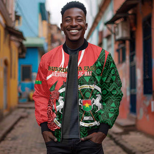 Personalized Burkina Faso Republic Day Sleeve Zip Bomber Jacket Bogolan Mudcloth - Coat Of Arms Design