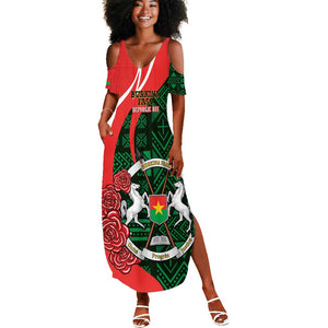 Personalized Burkina Faso Republic Day Summer Maxi Dress Bogolan Mudcloth - Coat Of Arms Design