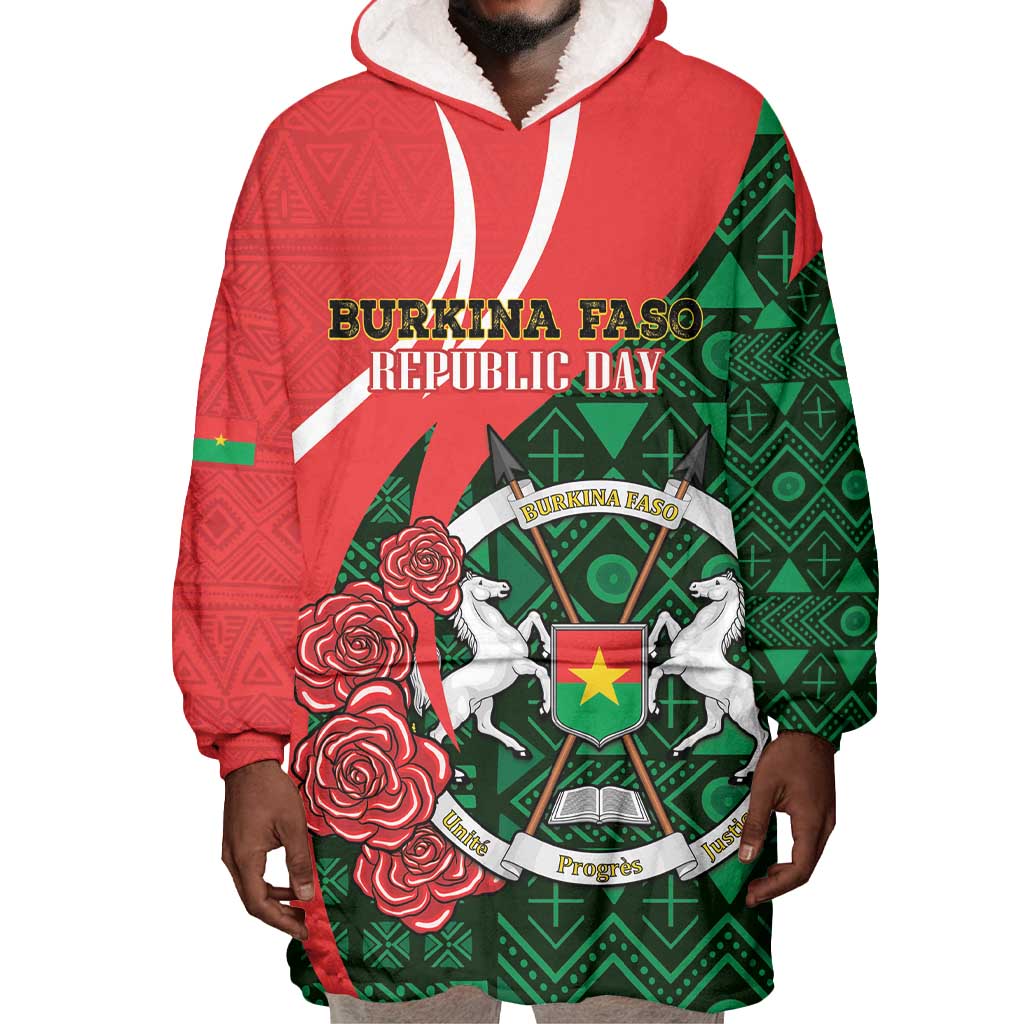 Personalized Burkina Faso Republic Day Wearable Blanket Hoodie Bogolan Mudcloth - Coat Of Arms Design