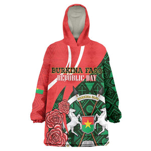 Personalized Burkina Faso Republic Day Wearable Blanket Hoodie Bogolan Mudcloth - Coat Of Arms Design