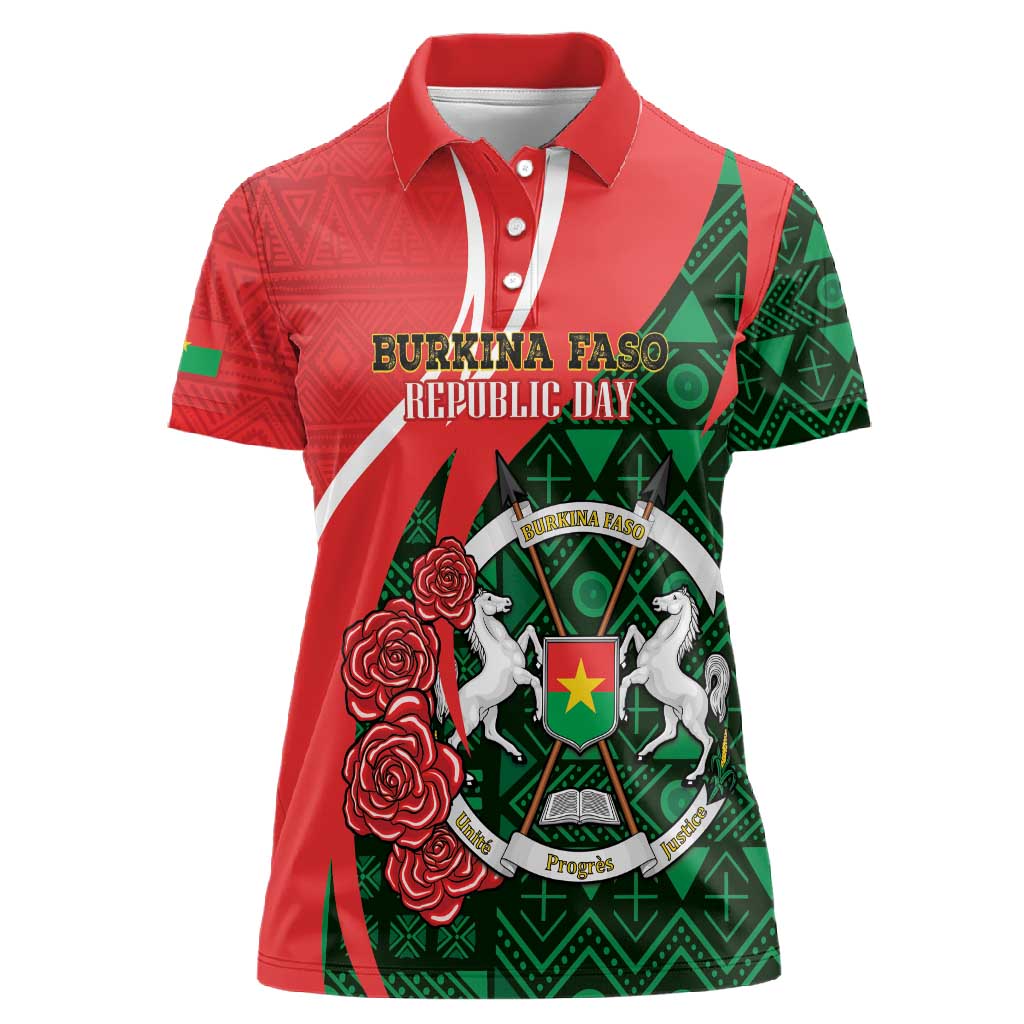 Personalized Burkina Faso Republic Day Women Polo Shirt Bogolan Mudcloth - Coat Of Arms Design